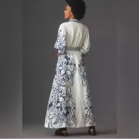 MAEVE by ANTHROPOLOGIE Irene Linen Button Front Belted Maxi Shirt Dress in Blue - Picture 4 of 11